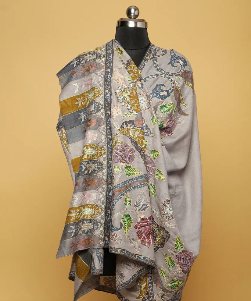 Grey Embroidered Pure Pashmina Shawl