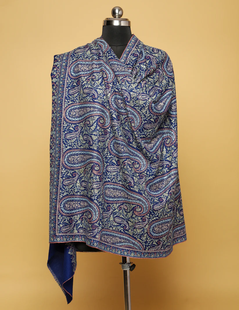 Classic Blue Embroidered Pure Pashmina Shawl