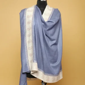 Blue And White Embroidered Pure Pashmina Shawl