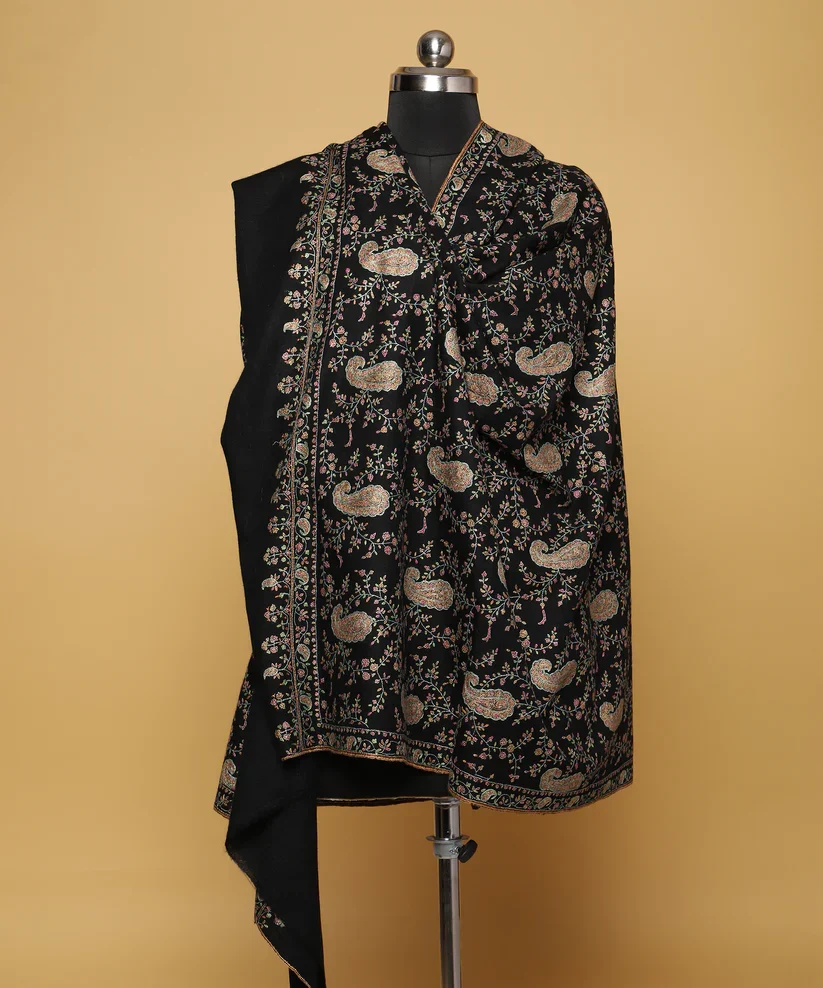 Black Jaldaar Sozni Embroidered Pure Pashmina Shawl