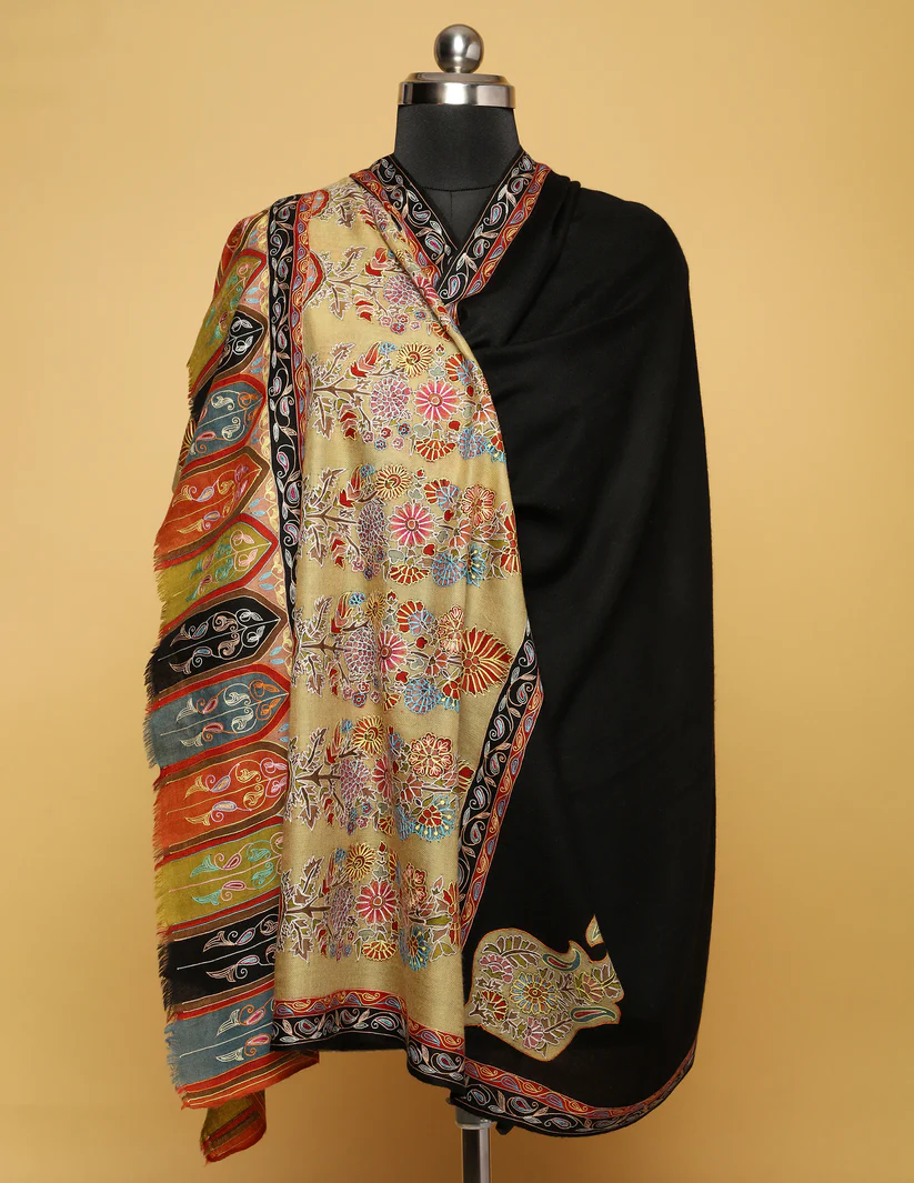 Black Border Sozni Embroidered Pure Pashmina Shawl